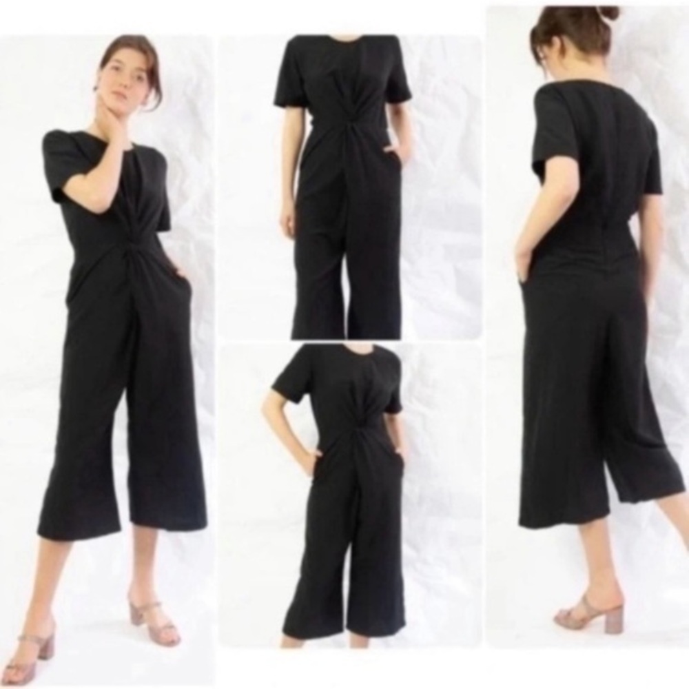 Shaina Mote Jumpsuit Verana Front Twist Wide Leg Crop in Black Linen